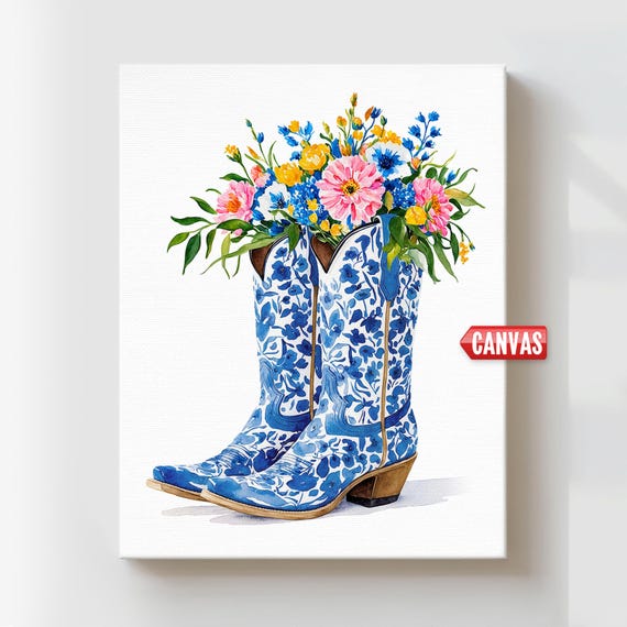 Blue Cowboy Boots Print - Coastal Cowgirl Wall Art Chinoiserie Western Trendy Girly Poster, Watercolor Painting Howdy Preppy Decor Flowers