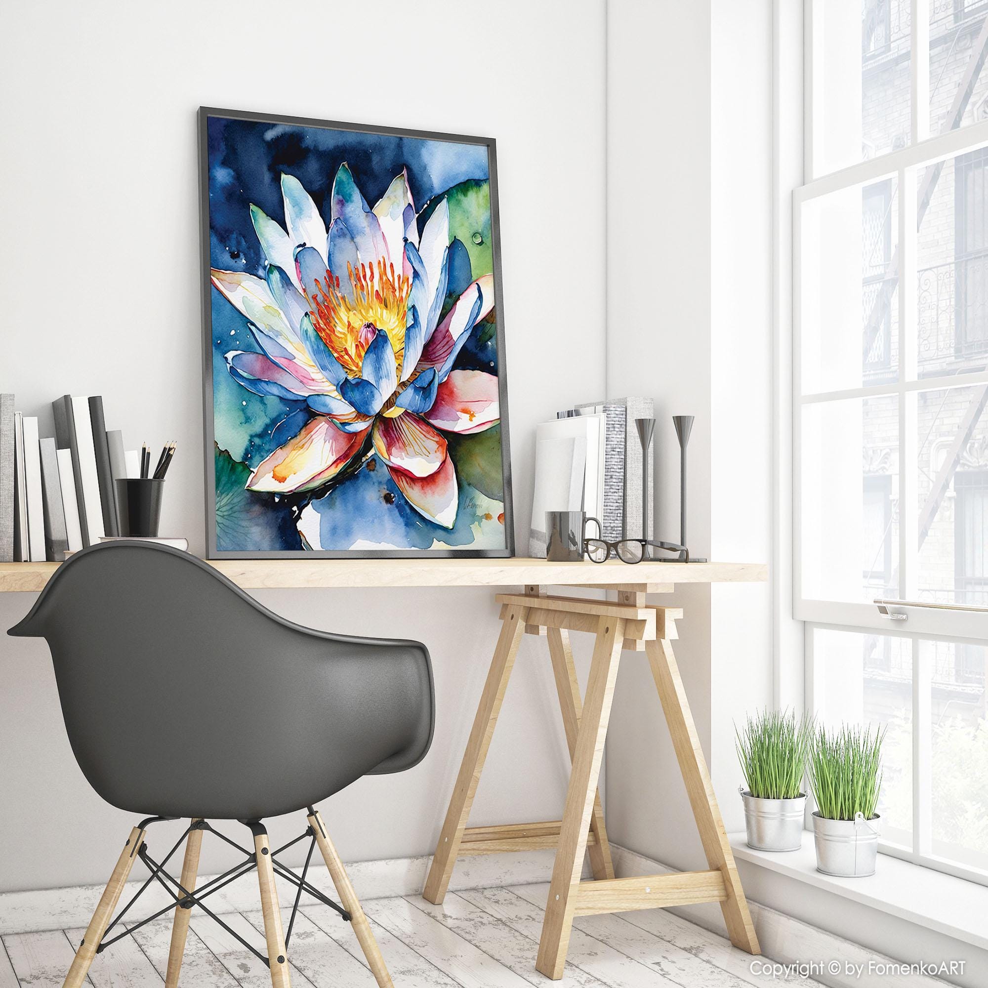 Blue Lotus Flower Wall Art Print - Watercolor Painting, Canvas or ...