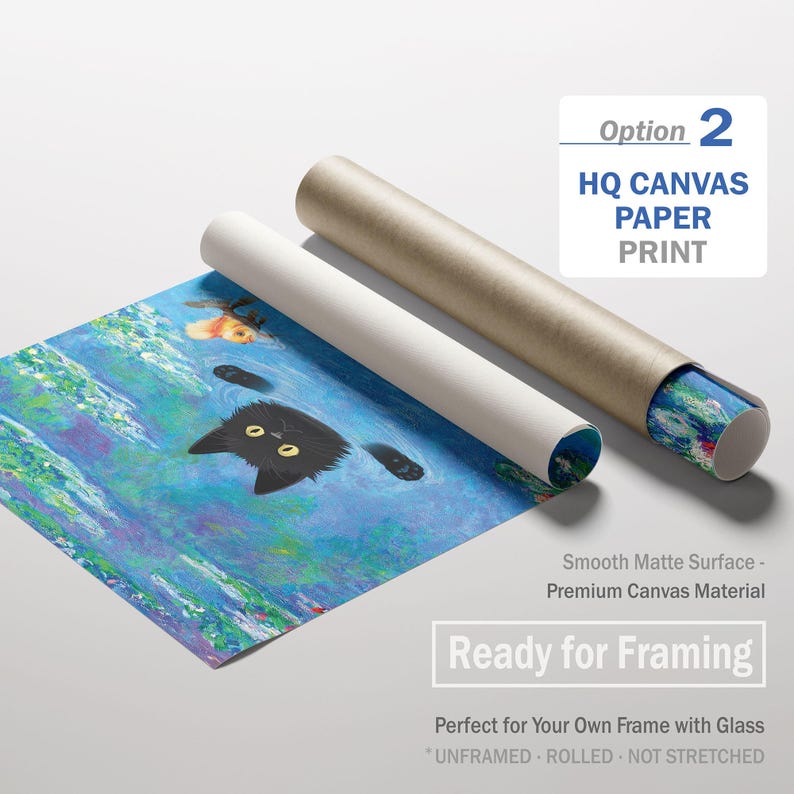 Regalos de gato negro, impresión de Claude Monet, arte de pared divertido y lindo, póster de nenúfares, gatito, pintura al óleo, lienzo, dibujo de mascota, amante, decoración de pared para dormitorio Canvas Paper Print