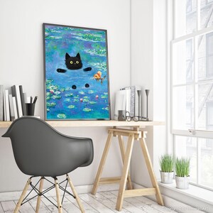 Regalos de gato negro, impresión de Claude Monet, arte de pared divertido y lindo, póster de nenúfares, gatito, pintura al óleo, lienzo, dibujo de mascota, amante, decoración de pared para dormitorio imagen 13