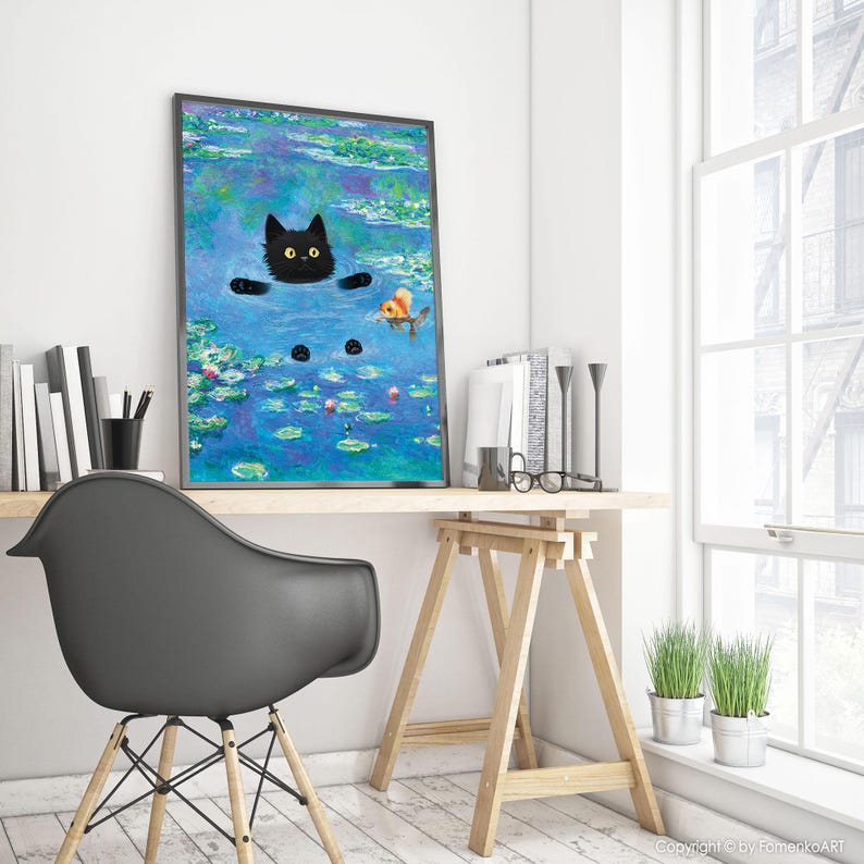 Regalos de gato negro, impresión de Claude Monet, arte de pared divertido y lindo, póster de nenúfares, gatito, pintura al óleo, lienzo, dibujo de mascota, amante, decoración de pared para dormitorio imagen 13