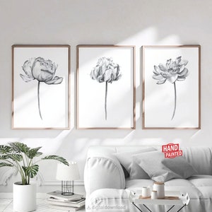 Black and white prints set of 3, Printable wall art Bathroom Bedroom wall decor Living room boho Minimalist floral Peony flower downloadable