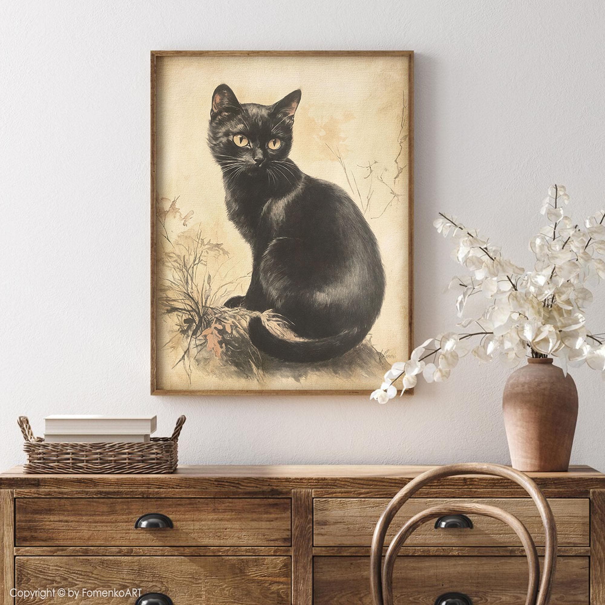 Black Cat Wall Art Print, Watercolor Painting Old Vintage Style, Cute ...