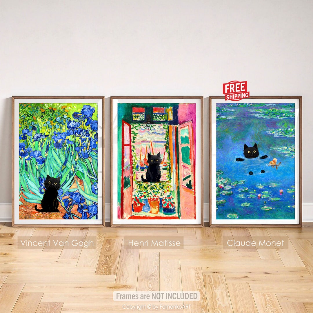 Black Cat Prints Monet Van Gogh Matisse Wall Art Oil Painting Poster ...