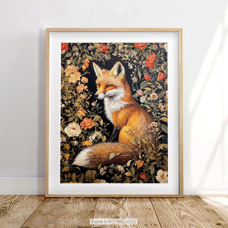 Fox Wall Art Print William Morris Inspired Canvas Oil Painting, Vintage Style Floral Gift Large Mid Century Cottagecore Dark Academia Decor imagem 6