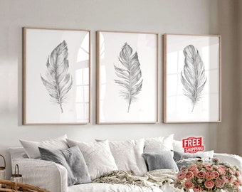 Watercolor feather print set of 3 Boho wall decor Bedroom over the bed Tryptic Black white wall art Over the couch decor Minimalist picture