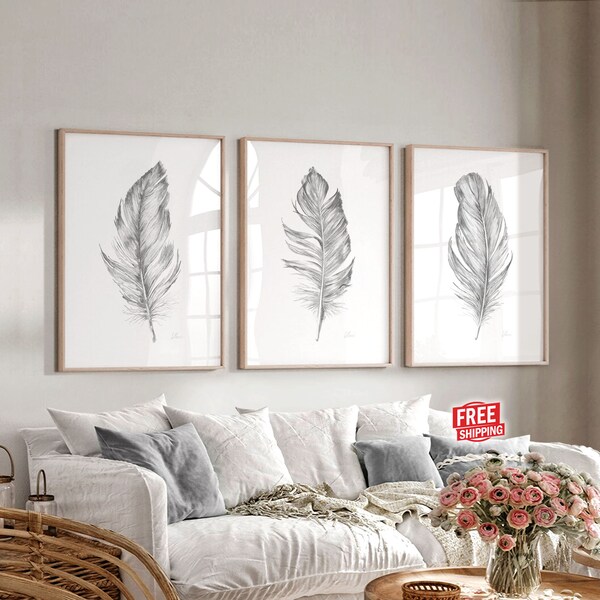 Watercolor feather print set of 3 Boho wall decor Bedroom over the bed Tryptic Black white wall art Over the couch decor Minimalist picture