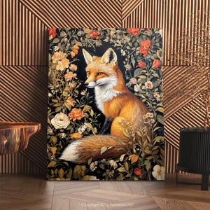Fox Wall Art Print William Morris Inspired Canvas Oil Painting, Vintage Style Floral Gift Large Mid Century Cottagecore Dark Academia Decor imagem 12