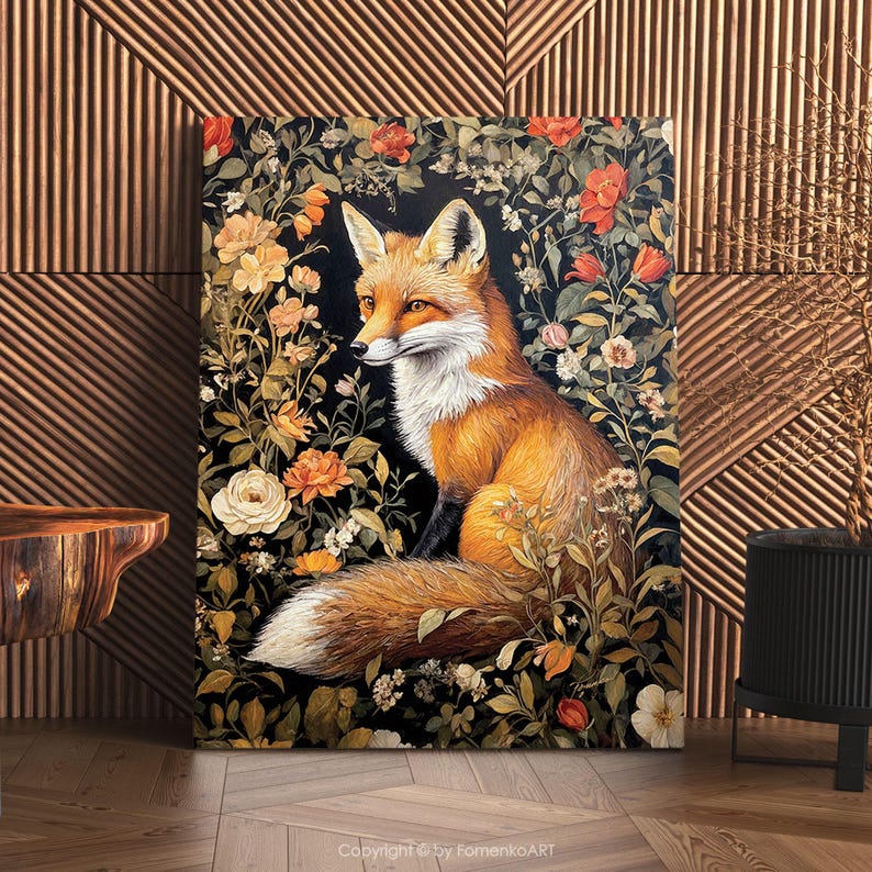 Fox Wall Art Print William Morris Inspired Canvas Oil Painting, Vintage Style Floral Gift Large Mid Century Cottagecore Dark Academia Decor imagem 12