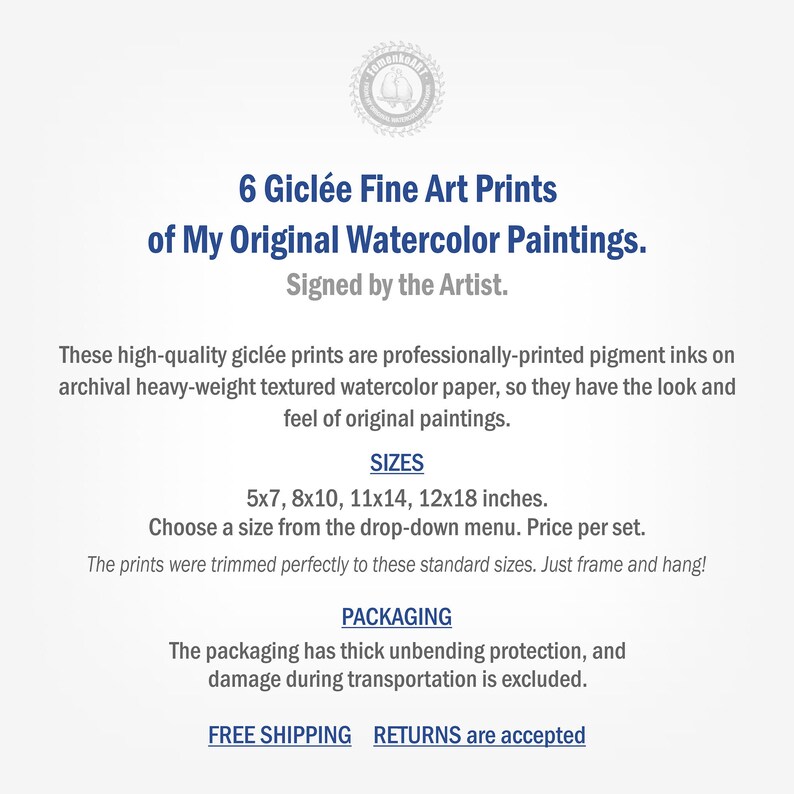 Puede incluir: Seis impresiones de arte fino gicl&eacute;e de pinturas originales de acuarela, firmadas por el artista. Las impresiones est&aacute;n disponibles en cinco tama&ntilde;os: 5x7, 8x10, 11x14, 12x18 pulgadas. Las impresiones se imprimen profesionalmente en papel de acuarela texturizado de archivo. Env&iacute;o y devoluciones gratuitos.