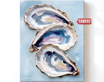 Coastal Decor: Oyster Shell Wall Art Print, Ocean Painting, Nautical Beach Bathroom Canvas Artwork