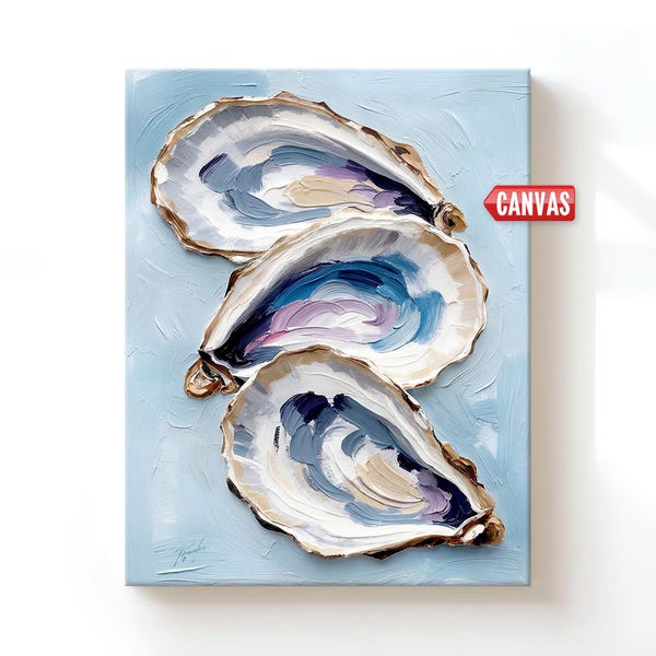 Coastal Decor: Oyster Shell Wall Art Print, Ocean Painting, Nautical Beach Bathroom Canvas Artwork