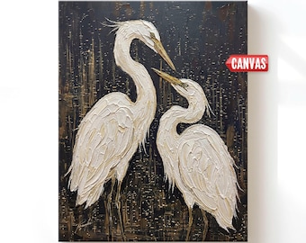 Heron Wall Art PRINT: Egret Birds Painting, Black Dark Academia Decor Vintage Couple Gift