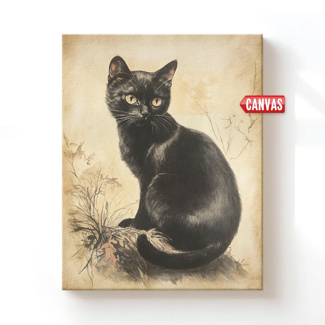 Black Cat Wall Art Print, Watercolor Painting Old Vintage Style, Cute ...