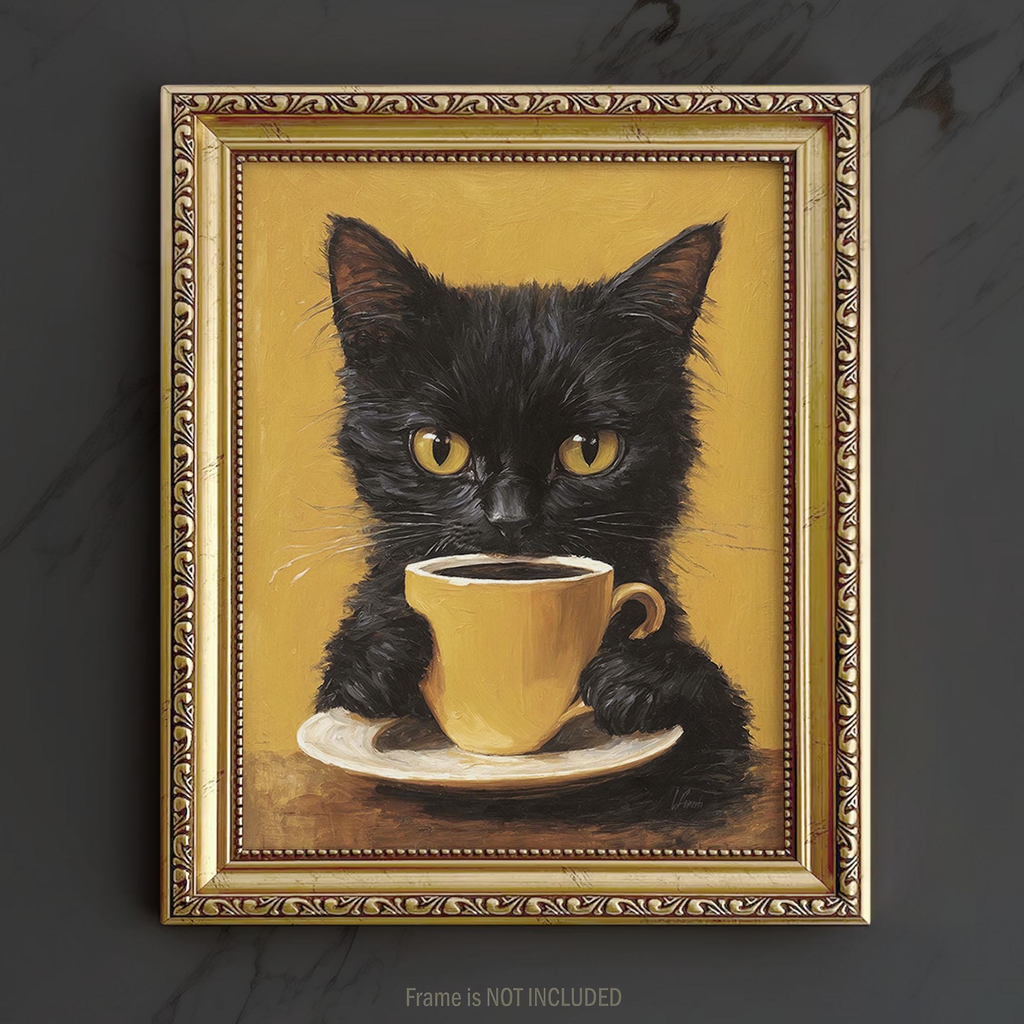 Cute Black Cat Wall Art Print - Oil Painting Cat Lover Gift Whimsical Decor Funny Coffee Poster Canvas Abstract Artwork Animal Vintage Style