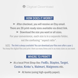 Pu&ograve; includere: Una grafica informativa sul download digitale con un'intestazione blu che dice "Come funziona?" e un'intestazione blu che dice "Dove stampare?" La grafica spiega che dopo l'acquisto, riceverai un'e-mail da Etsy con un link per scaricare 26 dimensioni pronte per la stampa dell'articolo acquistato. La grafica elenca anche diversi luoghi in cui puoi stampare l'articolo, tra cui FedEx, Staples, Target, Costco, Kinko's, Walmart, Walgreens e a casa.