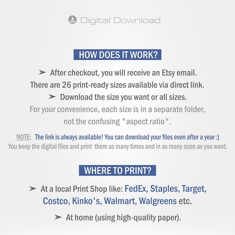 Pu&ograve; includere: Una grafica informativa sul download digitale con un'intestazione blu che dice "Come funziona?" e un'intestazione blu che dice "Dove stampare?" La grafica spiega che dopo l'acquisto, riceverai un'e-mail da Etsy con un link per scaricare 26 dimensioni pronte per la stampa dell'articolo acquistato. La grafica elenca anche diversi luoghi in cui puoi stampare l'articolo, tra cui FedEx, Staples, Target, Costco, Kinko's, Walmart, Walgreens e a casa.