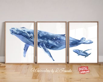 Humpback whale art Blue whales print Instant download printable art 3 piece wall art Digital watercolor Whale wall hanging Whale poster