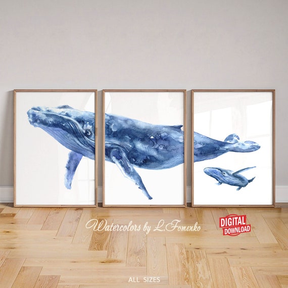 Humpback whale art Blue whales print Instant download printable art 3 piece wall art Digital watercolor Whale wall hanging Whale poster