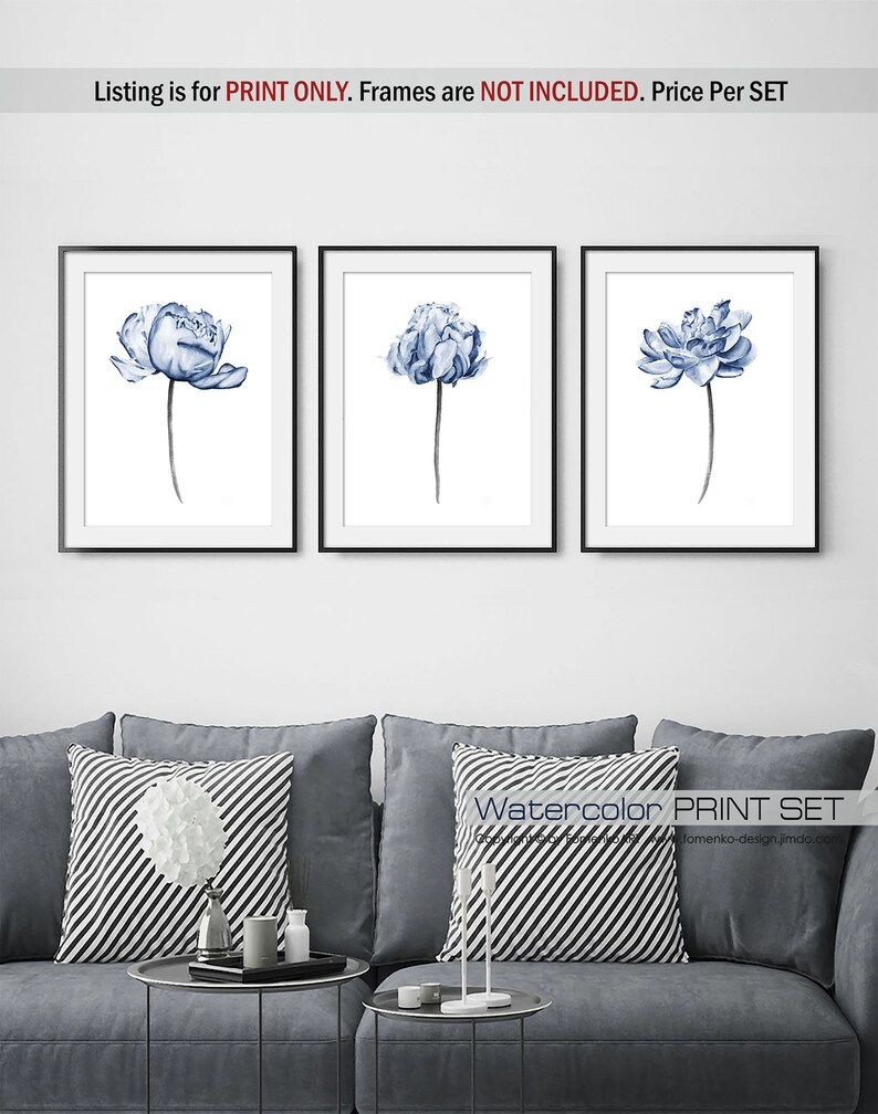 Wall Art Prints Bathroom Decor Living Room Bedroom Set Flower Print Navy Blue Peony
