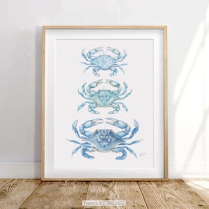 May include: A framed print featuring three blue crab illustrations arranged vertically on a white background. The crabs are detailed with varying shades of blue, and the frame is a light wood color. The text "Frame is NOT INCLUDED" is at the bottom.