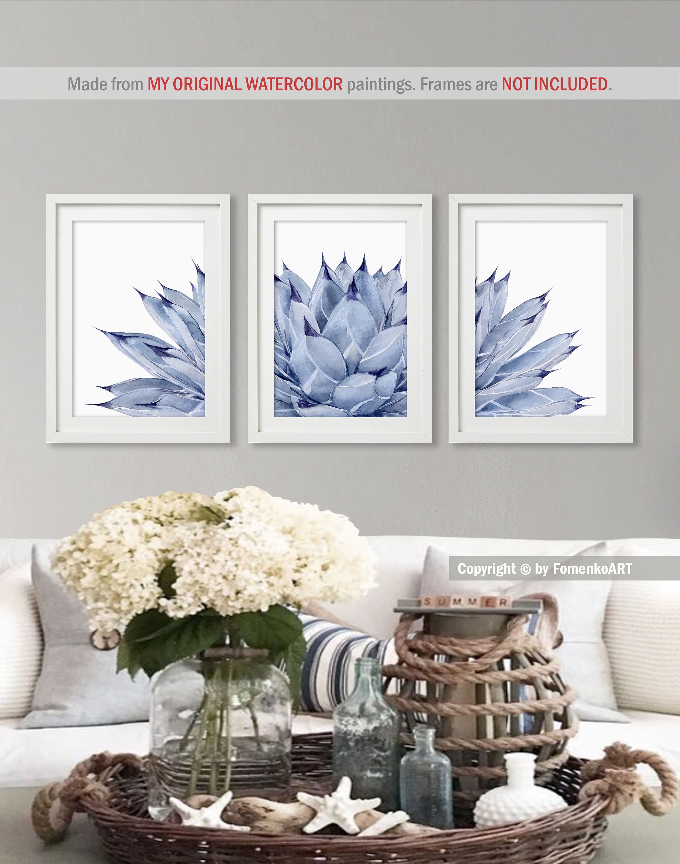 Bedroom wall decor Blue wall art Prints set of 3 Watercolor | Etsy
