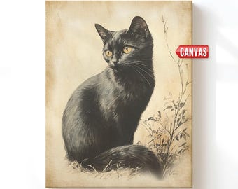 Black Cat Art Print, Watercolor Painting Old Vintage Style, Whimsical Wall Decor Cute Cat Lover Gift Canvas Retro Artwork Antique Pet Poster
