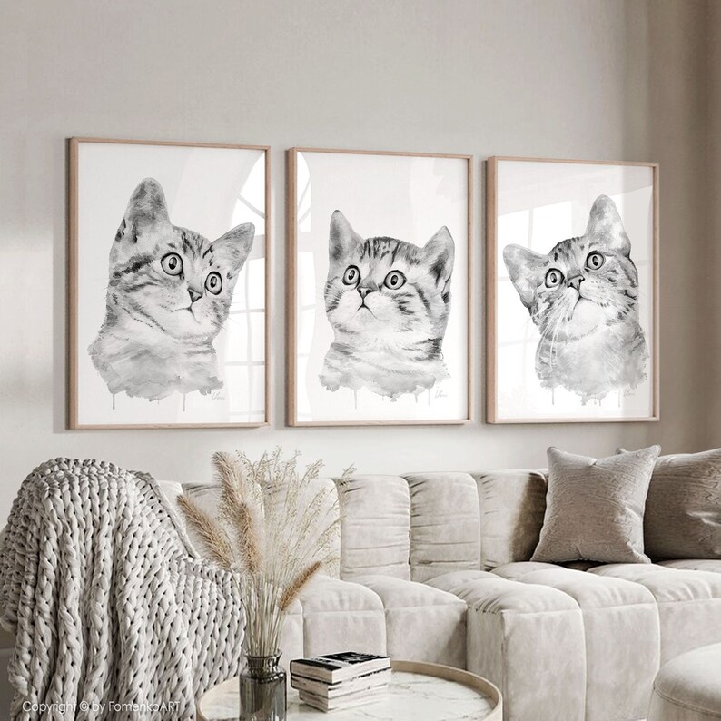 Grey cat painting Tabby cat decor Nursery wall art prints of original watercolor artwork Funny cat poster Cat lover gift Pet pictures image 5