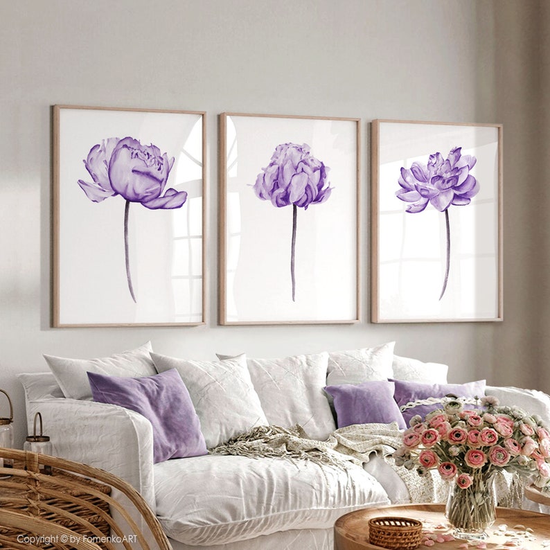 Purple room decor Watercolor flowers print Peony painting Printable wall art image 5