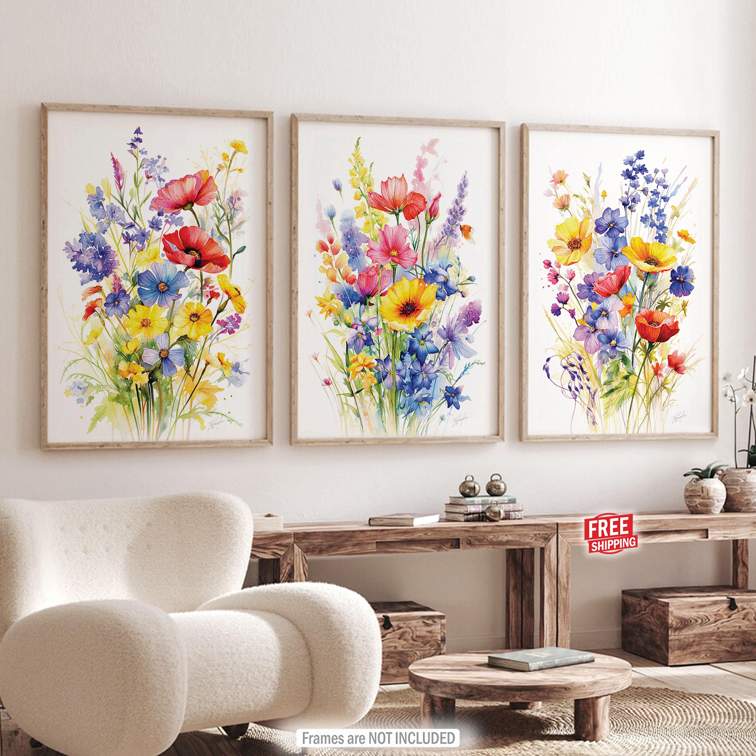 Wildflower Wall Art Prints Set of 3, Floral Watercolor Painting