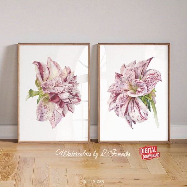 Printable wall art Flower art print set Pink Flower Wall decor bedroom Wall decor living room decor Boho Dahlia print Downloadable prints