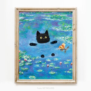 Regalos de gato negro, impresión de Claude Monet, arte de pared divertido y lindo, póster de nenúfares, gatito, pintura al óleo, lienzo, dibujo de mascota, amante, decoración de pared para dormitorio imagen 16