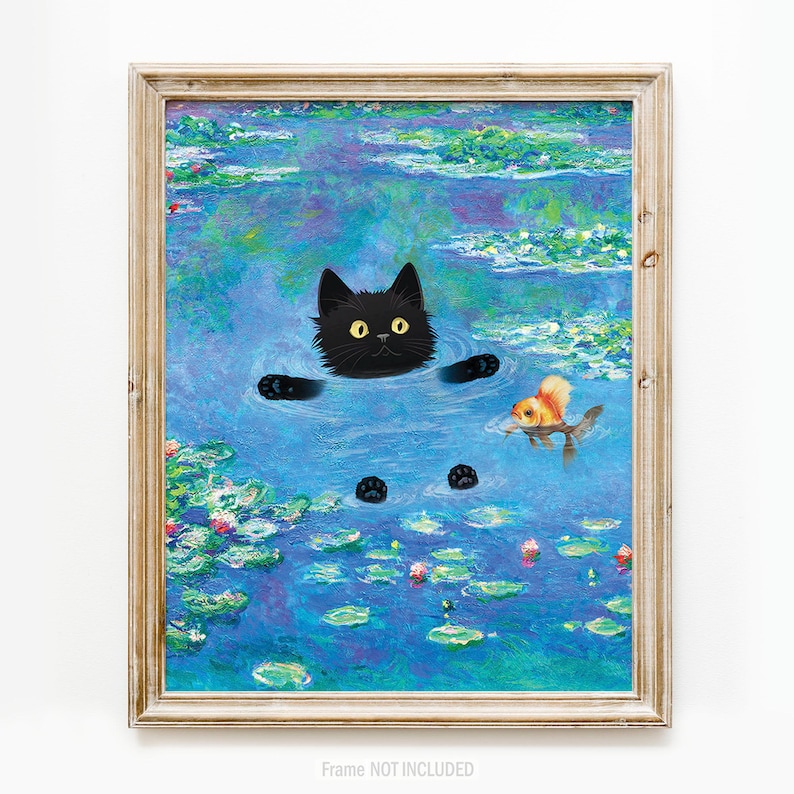 Regalos de gato negro, impresión de Claude Monet, arte de pared divertido y lindo, póster de nenúfares, gatito, pintura al óleo, lienzo, dibujo de mascota, amante, decoración de pared para dormitorio imagen 16