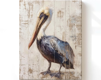 Coastal Pelican Wall Art Print, Canvas Bird Painting, Rustic Vintage Style Ocean Beach Decor