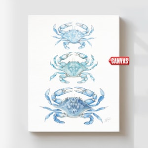 Blue Crabs Wall Art Print - Watercolor Painting, Coastal Nautical Kitchen Decor, Seafood Canvas Poster, Ocean Crab Beach House Artwork