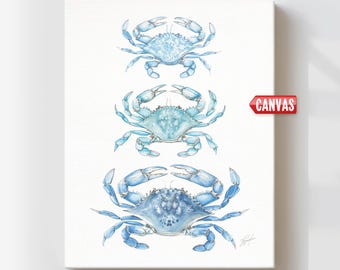 Blue Crabs Wall Art Print - Watercolor Painting, Coastal Nautical Kitchen Decor, Seafood Canvas Poster, Ocean Crab Beach House Artwork