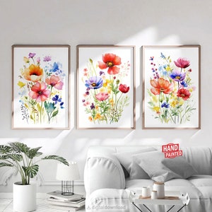 Set Of 3 Watercolor Wildflower Prints, Colorful Flowers Printable Home Decor Wall Art Bedroom Wall Decor Minimalist Floral Digital Download