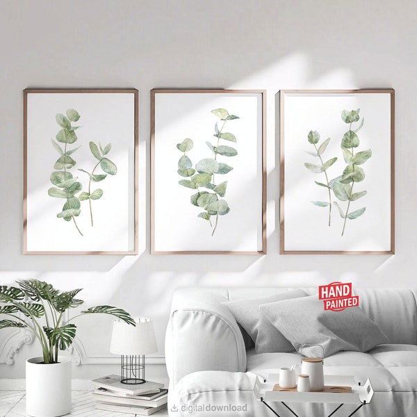 Green Eucalyptus Prints Bathroom Wall Art, Bedroom Wall Decor Living Room Spa Watercolor Painting 3 Printable Plant Artwork DIGITAL DOWNLOAD