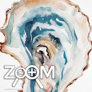 Puede incluir: Pintura a la acuarela de una secci&oacute;n transversal de una geoda, con capas conc&eacute;ntricas de tonos azules, blancos y marrones. La obra de arte tiene una est&eacute;tica natural y org&aacute;nica. La palabra "ZOOM" est&aacute; superpuesta en la imagen.