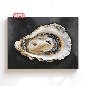 Coastal Oyster Wall Art - Print Of My Oil Painting, Beach House Decor On Canvas Ocean Shell Vintage Style, Large Black Nautical Sea Artwork