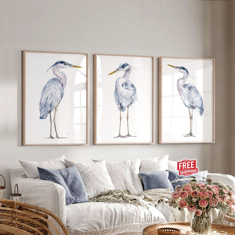 Great Blue Heron Bird Prints Coastal Wall Art Nautical Wall Decor Beach House Decor Watercolor Painting Large Ocean Picture Set of 3 Artwork image 1