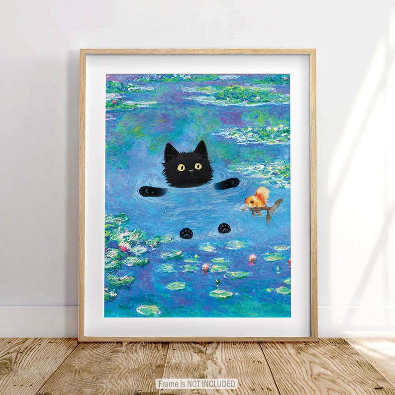 Regalos de gato negro, impresión de Claude Monet, arte de pared divertido y lindo, póster de nenúfares, gatito, pintura al óleo, lienzo, dibujo de mascota, amante, decoración de pared para dormitorio imagen 6