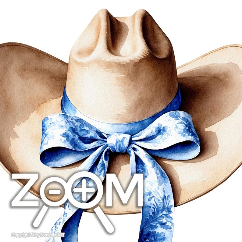 Sombrero de vaquero con estampado de lazo azul, arte mural de vaquera costera, pintura de acuarela occidental con cinta china, decoración preppy moderna, póster femenino imagen 8