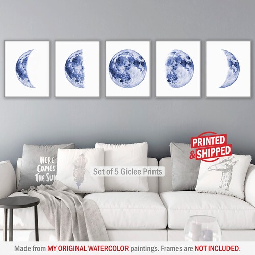 Navy Blue Wall Art Phase Of The Moon Print Watercolor - 5 Piece Wall Decor Set Navy Blue Wall Art Phase Of The Moon Print Watercolor - 5 Piece Wall Decor Set