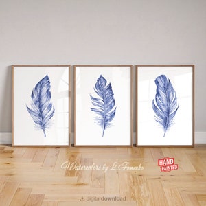 Blue and white feather print, Watercolor printable wall art Digital download Prints set of 3, Navy blue feather art, Artwork for walls