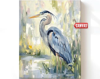 Lámina decorativa de garza azul costera - Pintura al óleo de aves de mi obra original para decoración de pared de dormitorio, estilo náutico, ideal para casa de playa. Lienzo grande, regalo perfecto.