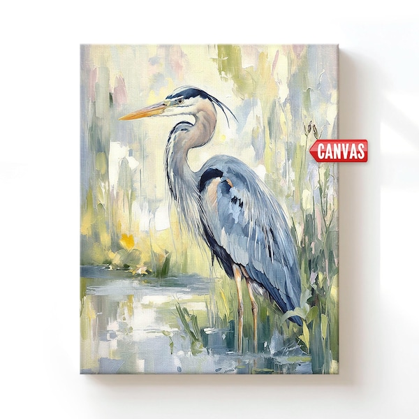 Coastal Great Blue Heron Wall Art Print - Bird Oil Painting Of My Original Artwork Bedroom Wall Decor Nautical Beach House Large Canvas Gift