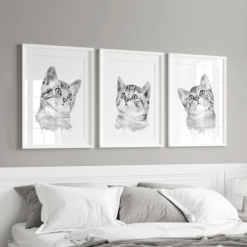Grey cat painting Tabby cat decor Nursery wall art prints of original watercolor artwork Funny cat poster Cat lover gift Pet pictures image 9