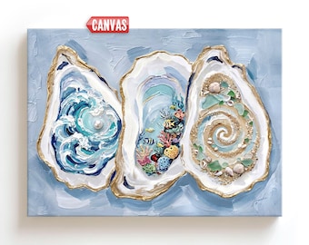 Coastal Oyster Shell Wall Art PRINT: Beach Oil Painting Gift, Nautical Ocean Canvas Decor