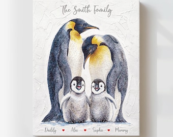 Personalised Family Name Sign, Penguin Wall Art Print, Custom Home Decor Animal Nursery Gift